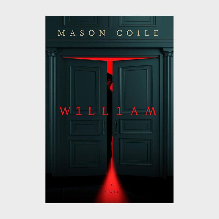 A dark door slightly opens with red light shining through; the text reads 