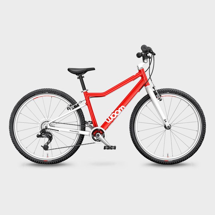 Red and white bicycle stands on a plain background; bold 