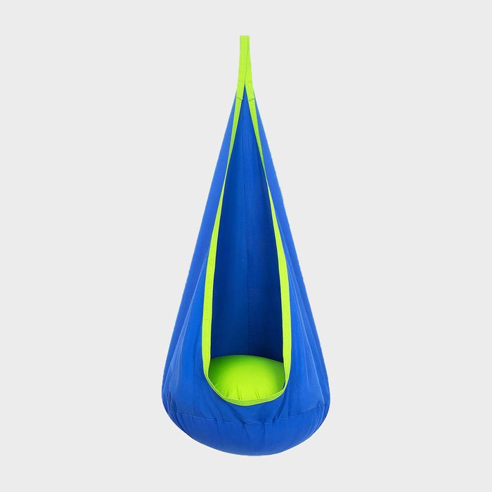 Hanging pod chair in blue and green, suspended with a cushion inside, set against a plain white background.