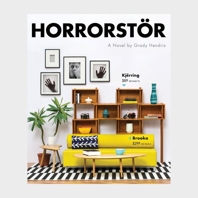 Furniture showroom displays modern, wooden shelves above a yellow sofa. Decorative items and framed images of hands adorn the wall. Text includes 