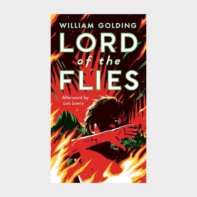 A silhouetted figure gestures amid fiery chaos. William Golding's 