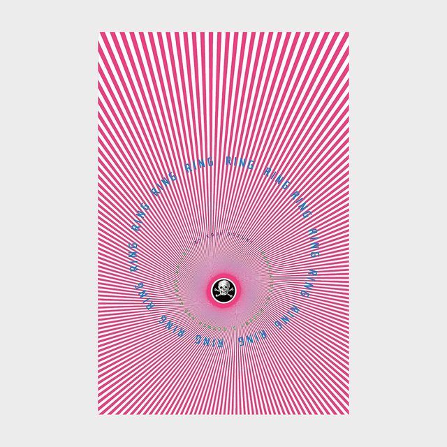 Radial pink lines converge towards a small skull and crossbones, with repeated blue text 