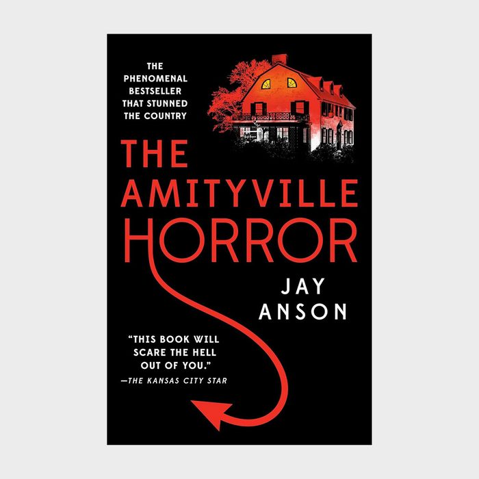 Book cover shows a red house silhouette with glowing windows, black background; title 