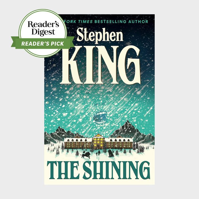 Book cover features a snowy hotel scene surrounded by mountains under a teal sky. Text: 