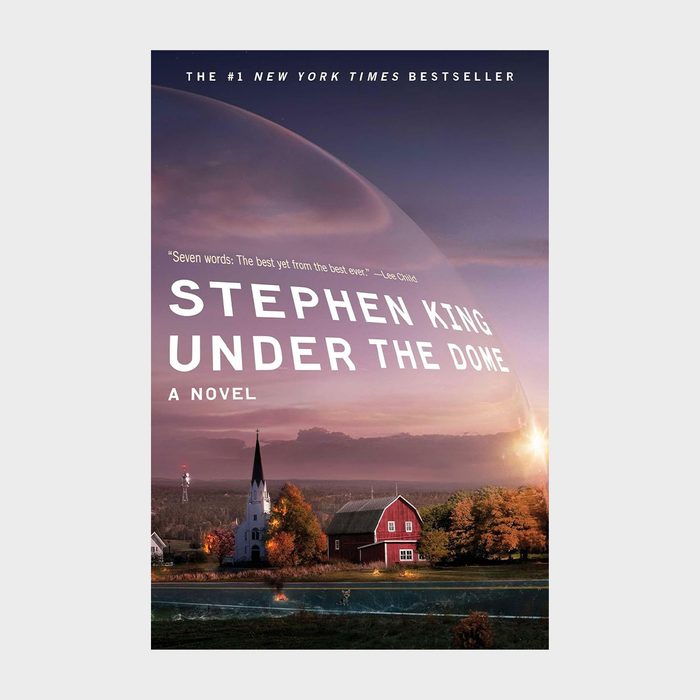 Book cover shows a dome over a rural town with a church and barn, under a sunset sky. 