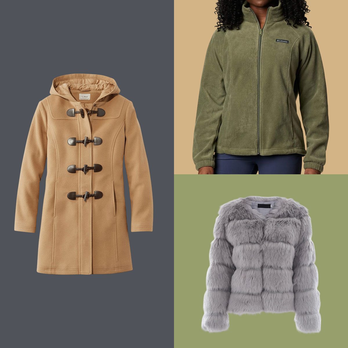 Three jackets are displayed: a tan coat, a green fleece worn by a person, and a gray faux fur jacket.