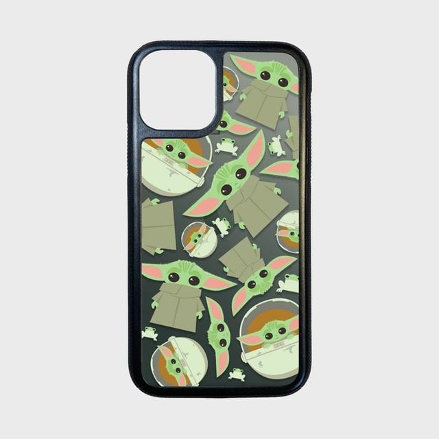 Phone case features cartoon green alien-like characters with large ears, various poses, on a black background, surrounded by small green creatures.