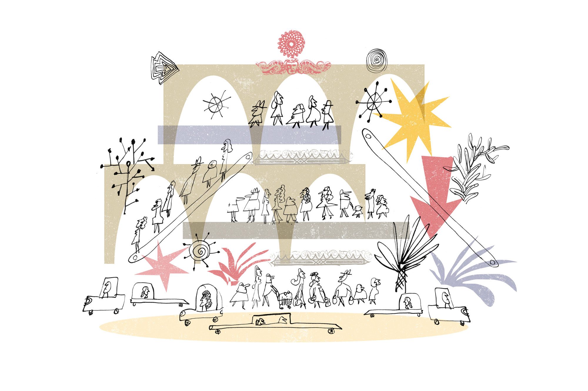 Abstract sketch of people walking on a multi-level structure with symbolic plants and vehicles, surrounded by colorful shapes and patterns.