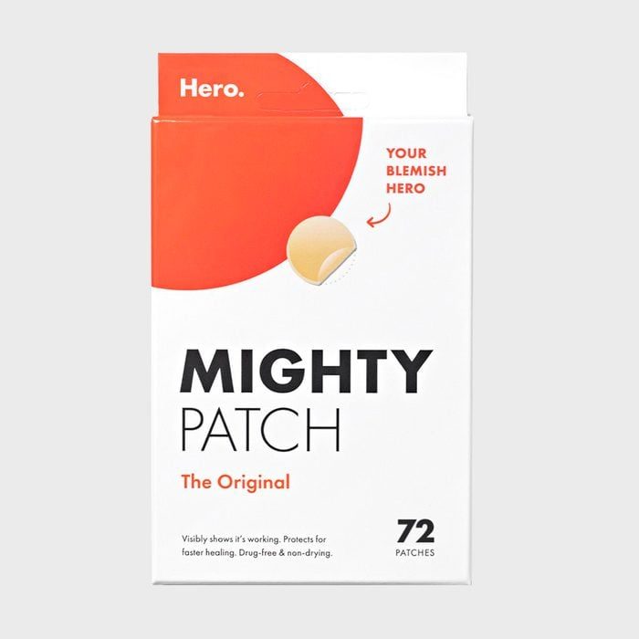 Box highlights acne patches, displaying one patch with text promoting blemish treatment. It mentions 