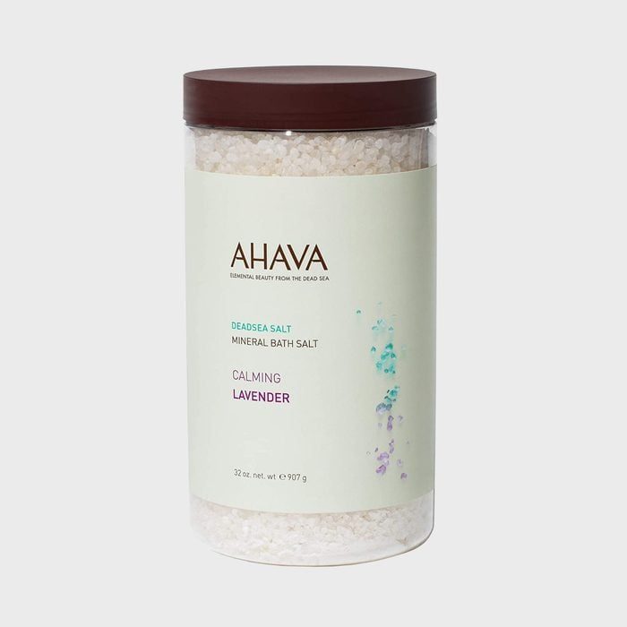 Jar filled with white bath salts; labeled 