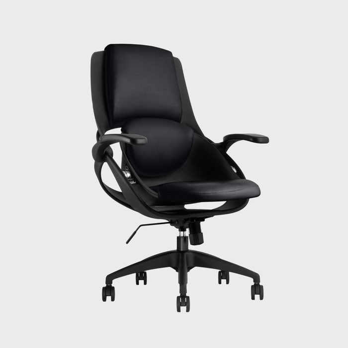 A black office chair is positioned for display, featuring a cushioned seat and adjustable armrests, in a neutral gray background.