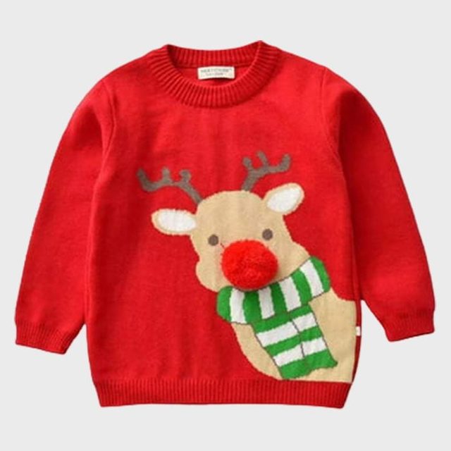 Red sweater features a reindeer with a large red nose and green striped scarf, set against a plain background.