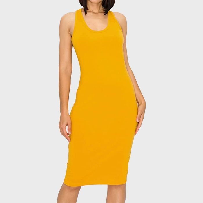 A model stands wearing a sleeveless, fitted yellow dress, set against a plain white background.