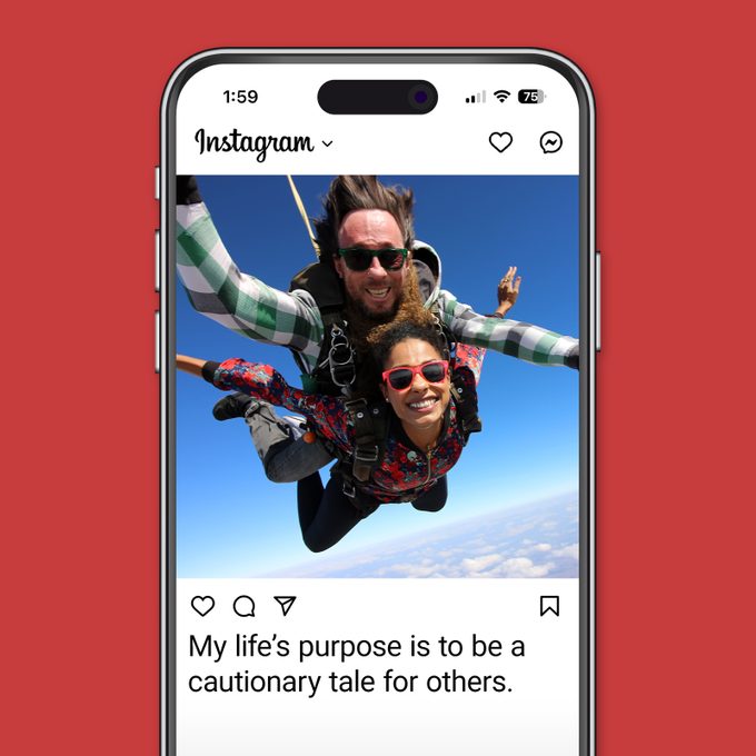 Best Selfie Captions For Gram Worthy Pictures Instagram app on red background Tandem parachute jump woman