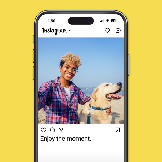 Best Selfie Captions For Gram Worthy Pictures Instagram app on yellow background happy woman hugging her dog in beach