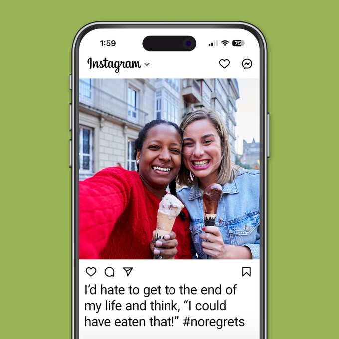 Best Selfie Captions For Gram Worthy Pictures mirror Instagram app on green background two cheerful women sitting on a bench eating Ice-cream