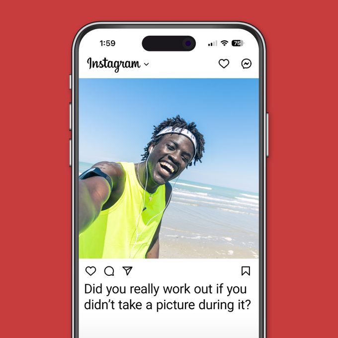 Best Selfie Captions For Gram Worthy Pictures Instagram app on red background man jogging on the beach