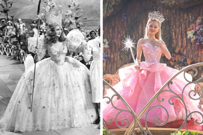 Billie Burke as Glinda in the wizard of oz (1939) and Ariana Grande as Galinda in Wicked (2024)