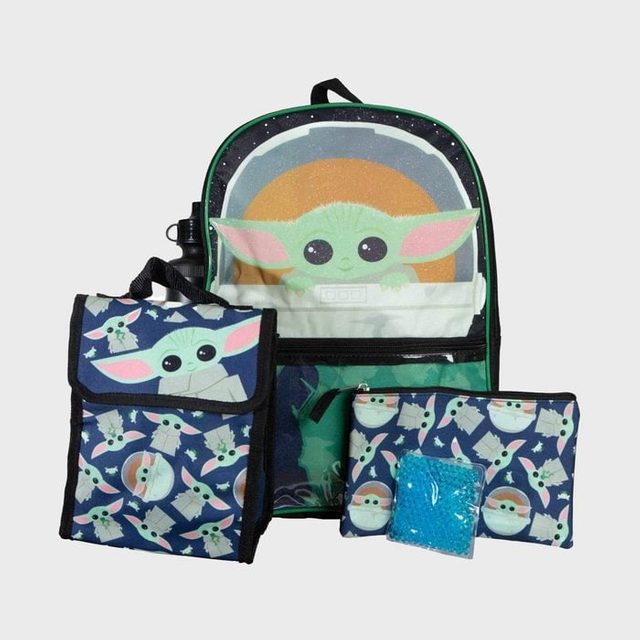 Backpack set displays a green character, including lunch bag and pencil case, against a white background.