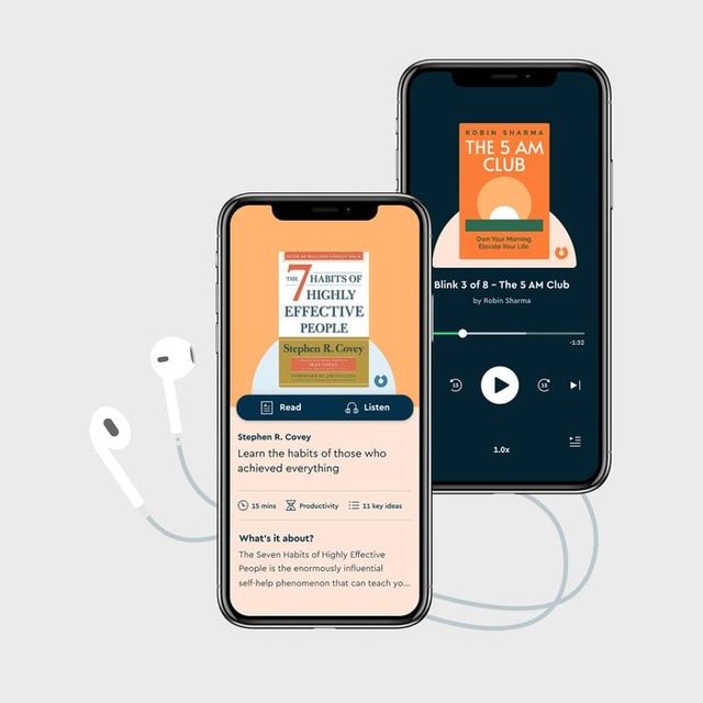 Two smartphones showing book summaries, set against a neutral background, with earphones connected.
