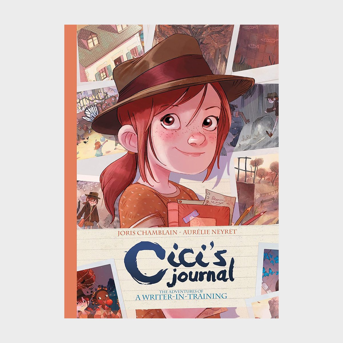 Girl holding journal, wearing a hat, surrounded by colorful storybook illustrations; text reads "Cici's Journal: The Adventures of a Writer-in-Training."