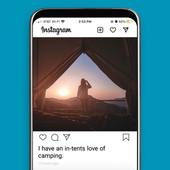 Clever Vacation Instagram Captions on a post showinf campaing tent and a woman at dawn