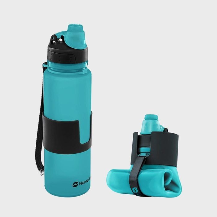 Two turquoise water bottles: one upright, one folded. Both have black lids and bands, displayed on a plain background.