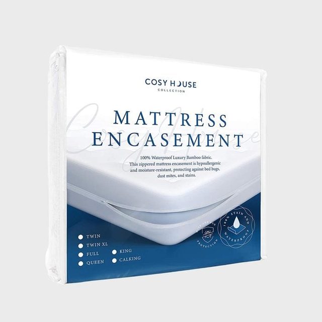 Package displays a mattress encasement, highlighting waterproof, hypoallergenic features. Labels indicate multiple sizes: Twin, Twin XL, Full, Queen, King, Cal King.