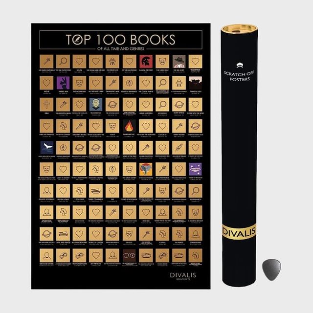 A scratch-off poster displays the top 100 books with icons, alongside a black tube labeled 