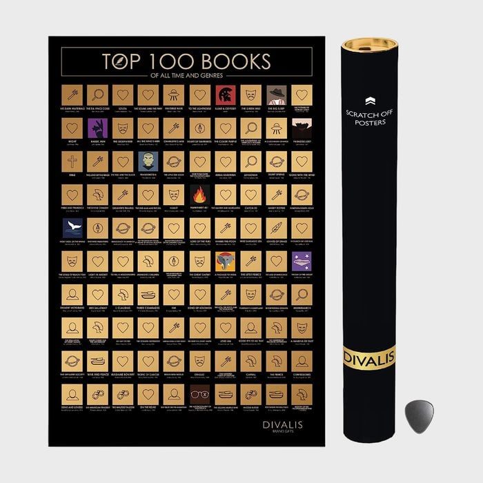 A scratch-off poster displays the top 100 books with icons, alongside a black tube labeled 