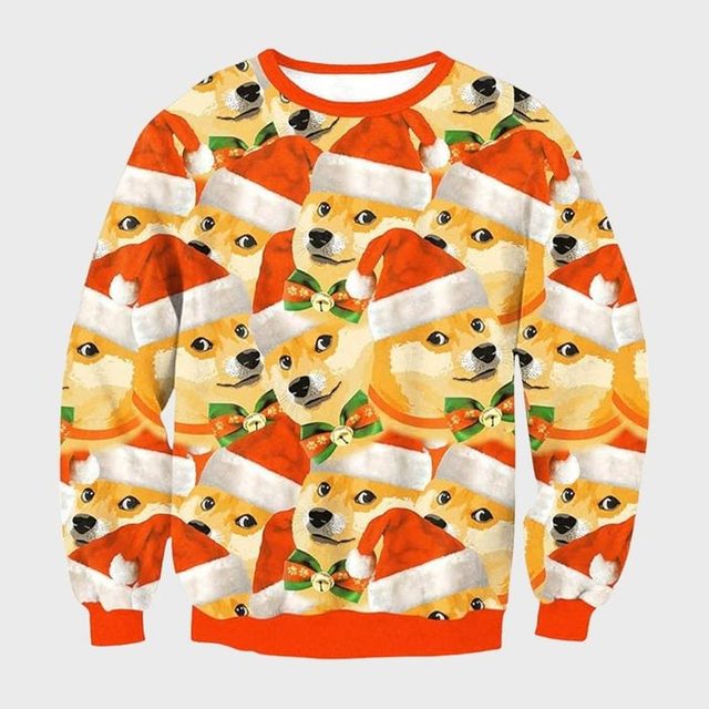 Sweater displays multiple cartoon dog faces wearing red Santa hats, set on a white background, creating a festive pattern.