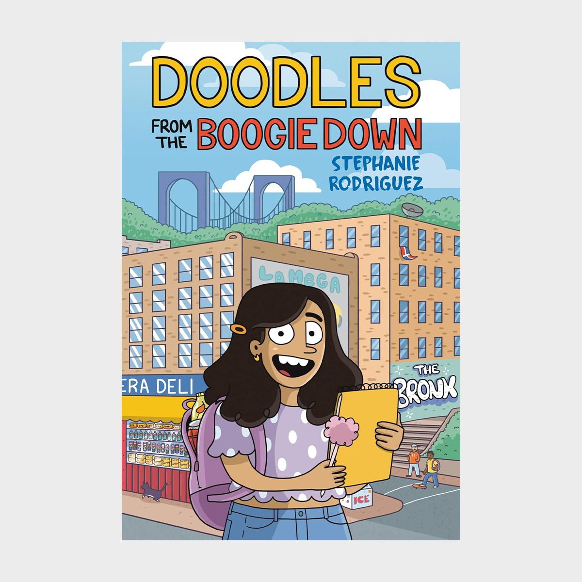 A smiling girl holds a notebook in an urban setting with storefronts and buildings. "DOODLES FROM THE BOOGIE DOWN" text is prominent.