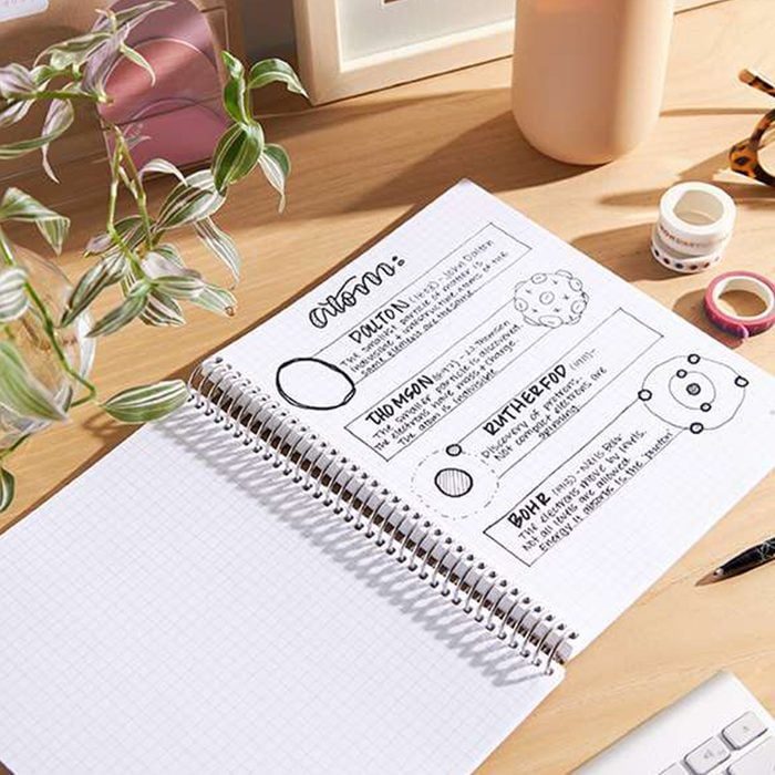 Notebook displays atomic theories with illustrations on a wooden desk, surrounded by a small plant, colored tapes, and stationery in bright light.