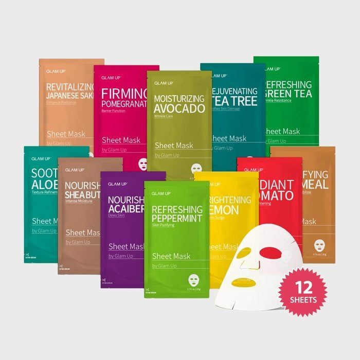 Various colorful sheet mask packages displayed; each labeled with different skincare benefits like moisturizing, firming, and nourishing, accompanied by a white sheet mask.