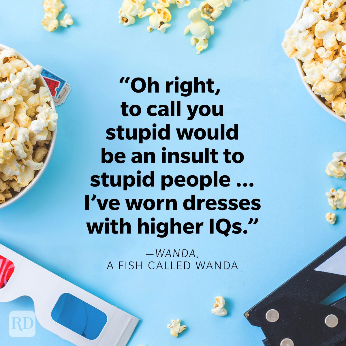 Funniest Movie Quotes Of All Time on movie theatre conceptual background with popcorn, 3d glasses and clapperboard on blue background