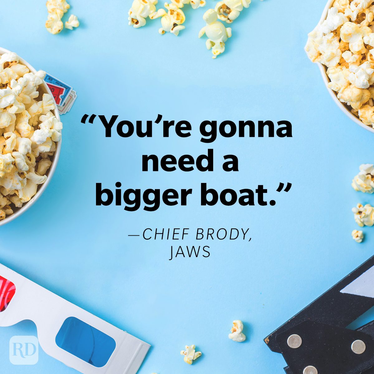 Funniest Movie Quotes Of All Time on movie theatre conceptual background with popcorn, 3d glasses and clapperboard on blue background