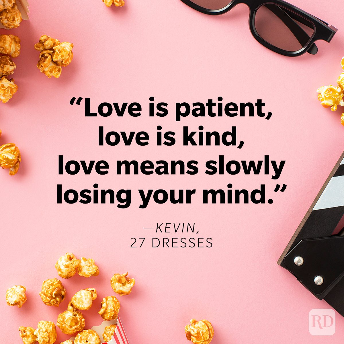 Funniest Movie Quotes Of All Time on movie theatre conceptual background with popcorn, 3d glasses and clapperboard on pink background