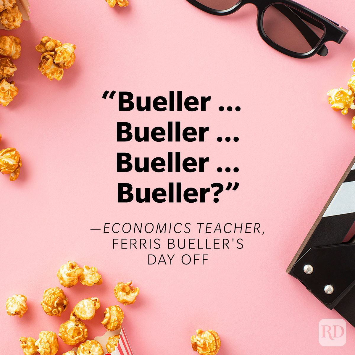 Funniest Movie Quotes Of All Time on movie theatre conceptual background with popcorn, 3d glasses and clapperboard on pink background