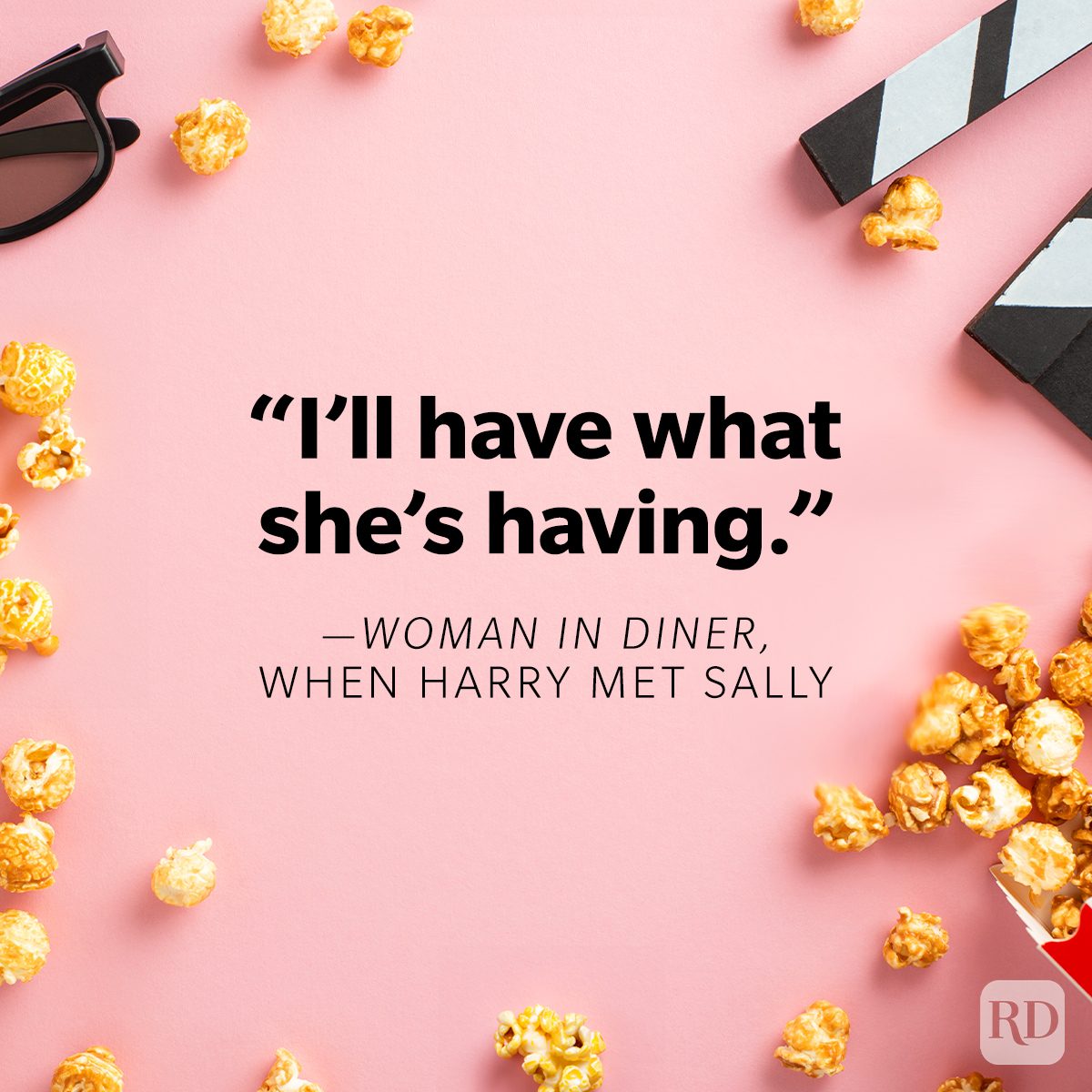 Funniest Movie Quotes Of All Time on movie theatre conceptual background with popcorn, 3d glasses and clapperboard on pink background