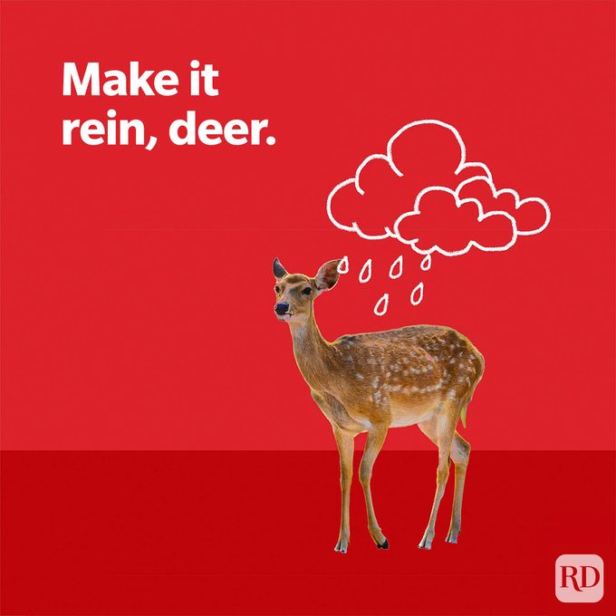 "Make it rein, deer." rain cloud over a deer