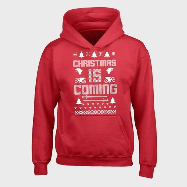 Red hoodie displays white text 
