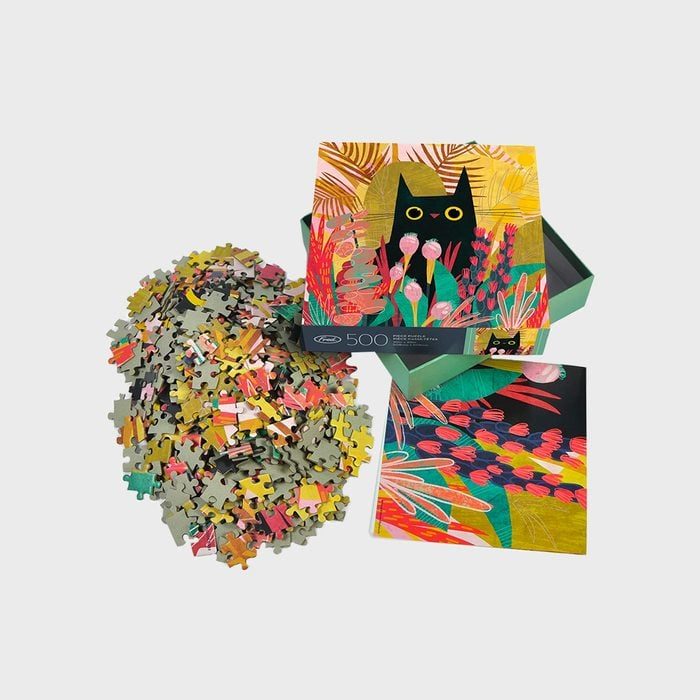 Puzzle pieces spill from an open box featuring colorful cat artwork, set against a plain background. The box reads 