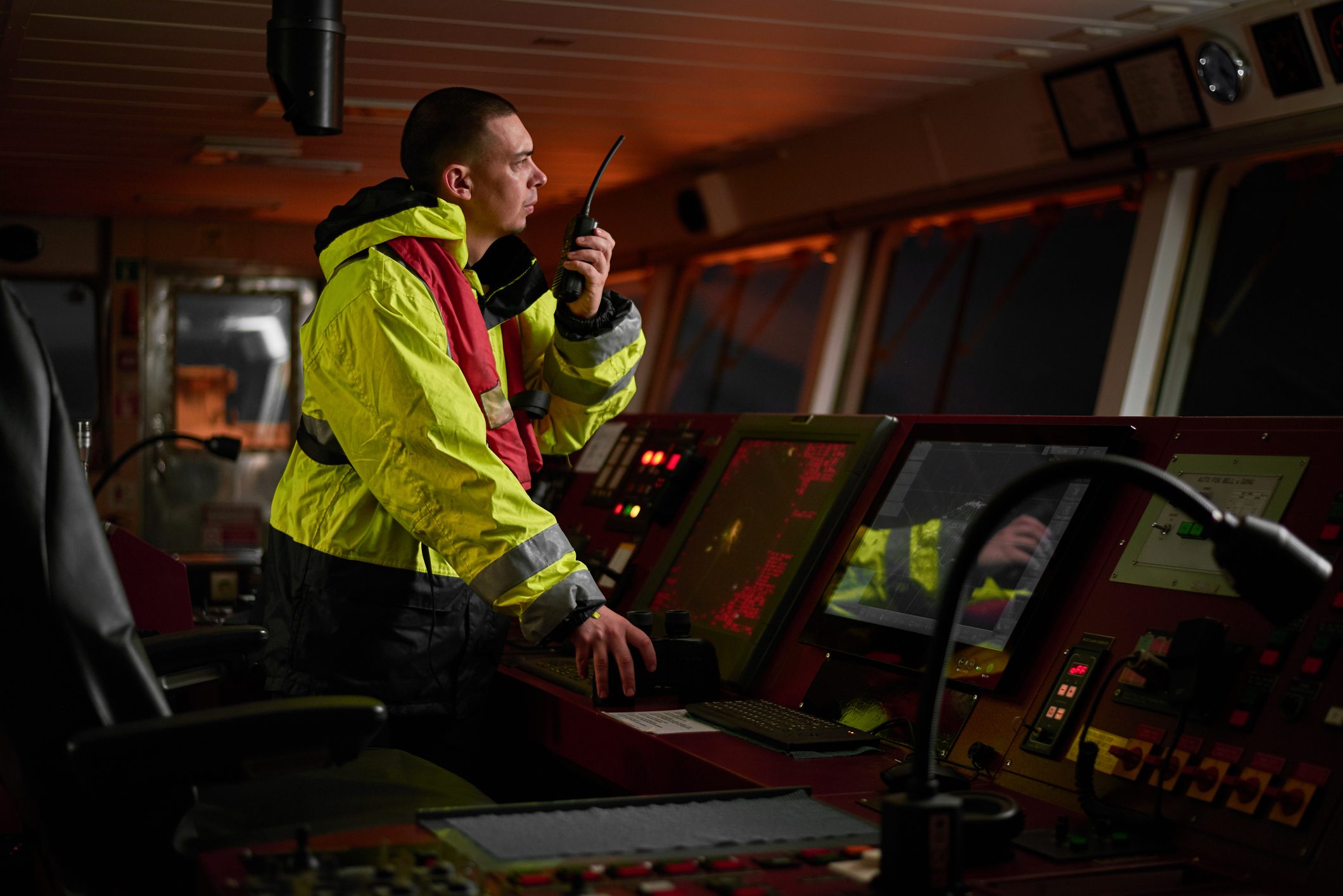 Captain as part of ship crew informing about safety