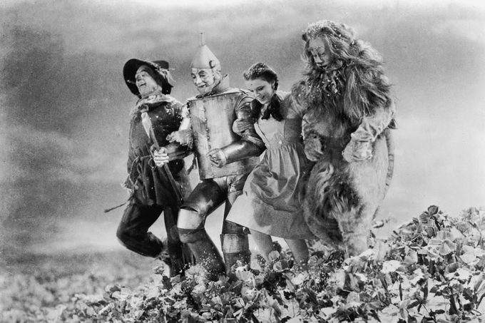 American actors (left - right) Ray Bolger, Jack Haley, Judy Garland , and Bert Lahr run arm in arm through a field of poppies in a still from the film, 'The Wizard of Oz,' directed by Victor Fleming, 1939.