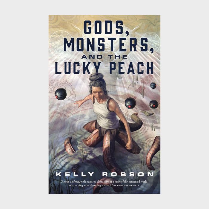 A person with tentacle-like legs sits surrounded by floating spheres, against a background of light beams and abstract patterns. Text: 