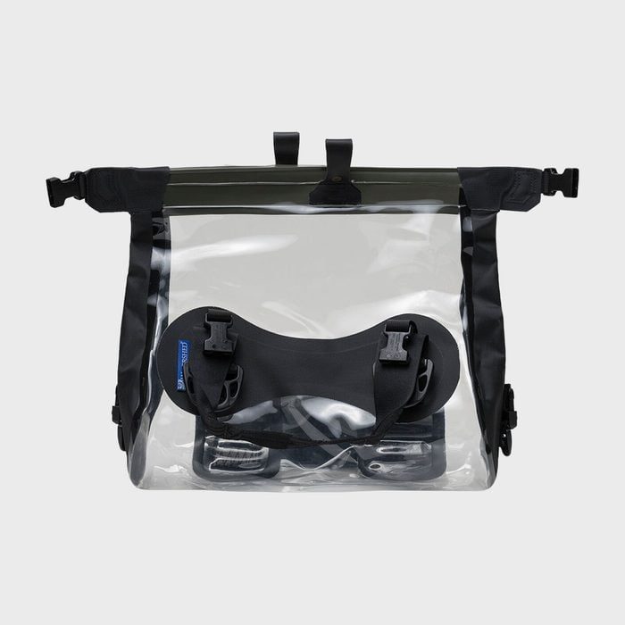 Clear bag with black straps displayed on a plain background, featuring clips and a handle for carrying purposes.