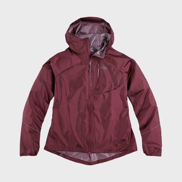 A maroon jacket with a hood is laid flat; it features a front zip and side pockets on a plain background.