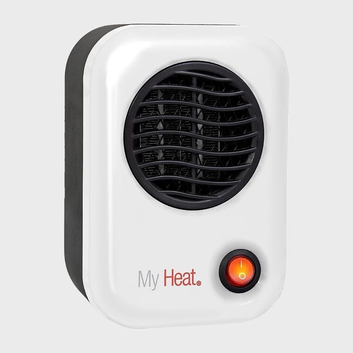 Heater emitting warmth, featuring vent and glowing button, labeled 
