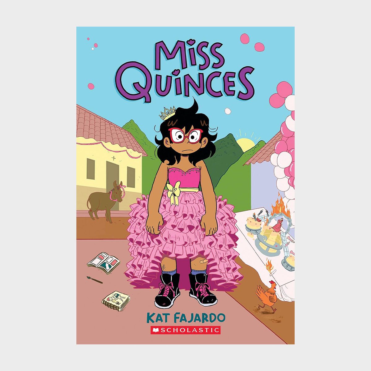 A girl stands awkwardly in a ruffled pink dress outdoors near a festive table and a donkey. Title: "Miss Quinces," by Kat Fajardo.