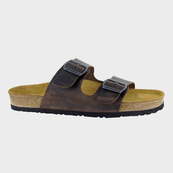 Brown sandal with two adjustable buckles, displayed against a plain gray background.